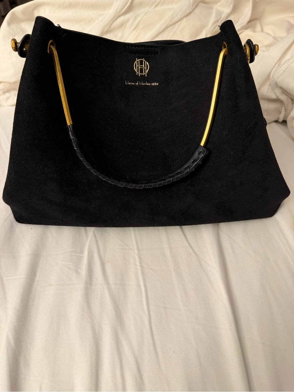 House of Harlow 1960 Black faux Suede Shoulder Bag with Gold Hardware